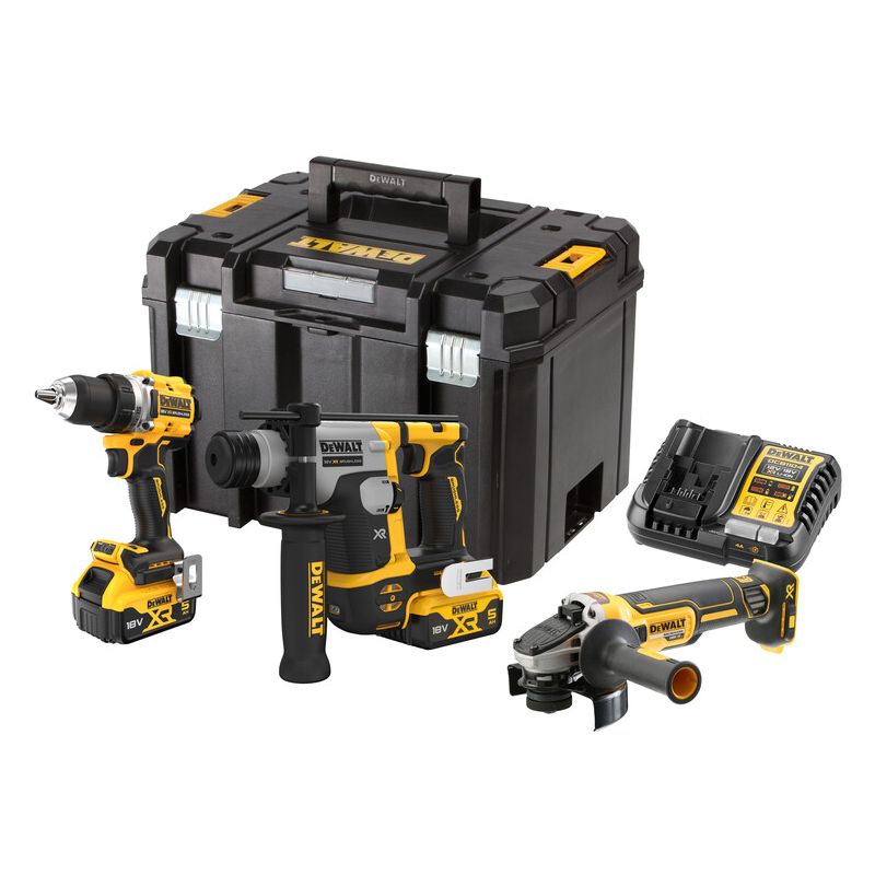 DeWalt DCK355P2T-QW Συλλογή Brushless Κρουστικό Δραπανοκατσάβιδο, Πνευματικό Πιστολέτο, Γωνιακό Τροχό 18V Li-Ion Με 2 Μπατ.5.0Ah XR - Φορτιστή - Βαλίτσα T-Stak