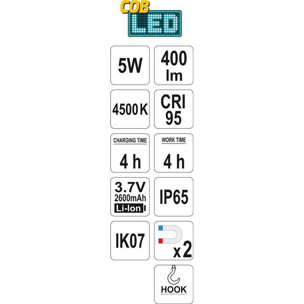 Yato YT-08509 Φακός Χειρός Επιθεώρησης & Εργασίας Επαναφορτιζόμενος LED 5W 400 Lumens