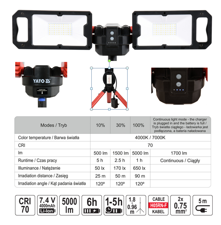 Yato YT-81811 Προβολέας LED Διπλός Επαναφορτιζόμενος Με Τρίποδο 5000 Lumens