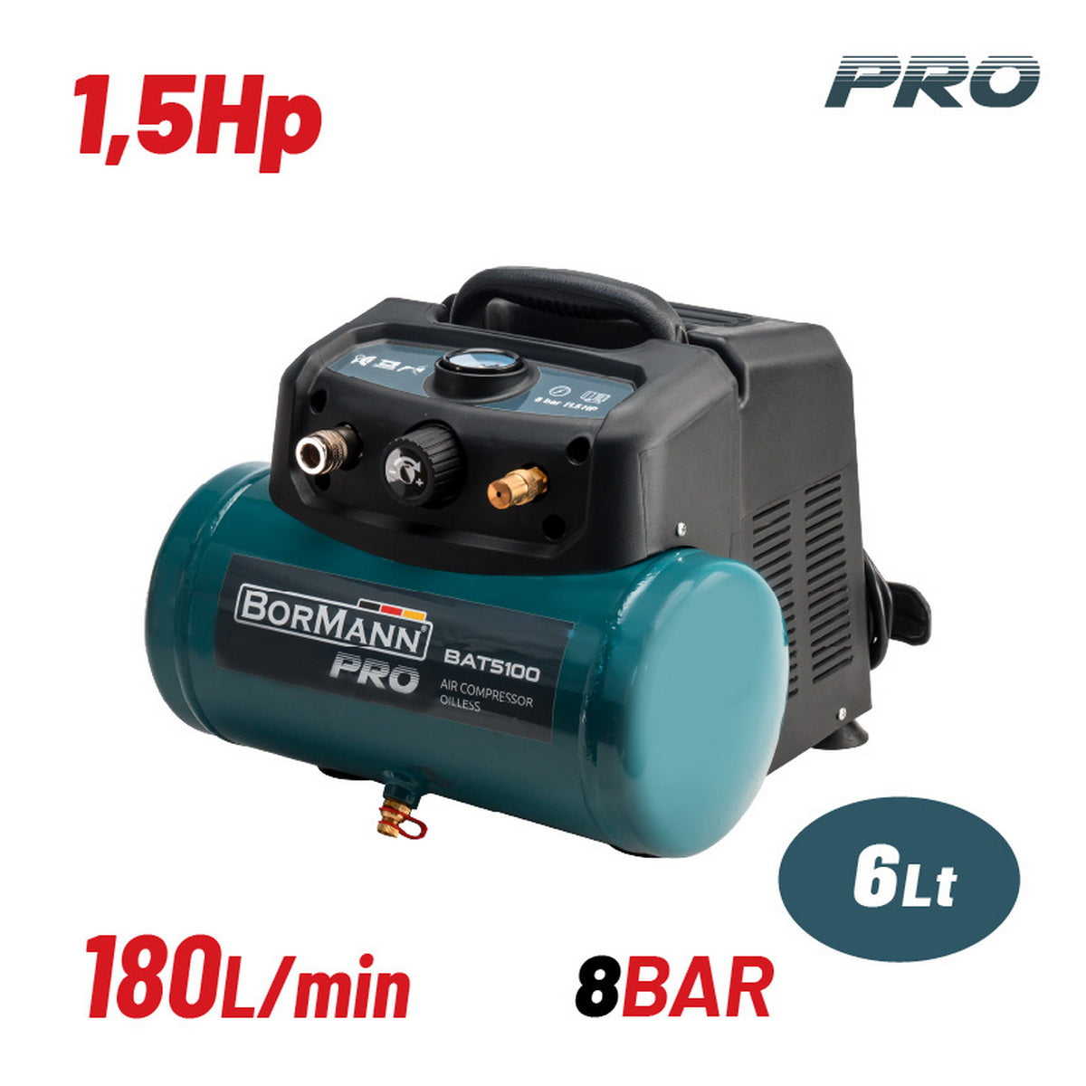 BORMANN Pro BAT5100 Αεροσυμπιεστής (Κομπρεσέρ) Μονομπλόκ 1.5Hp 6Ltr