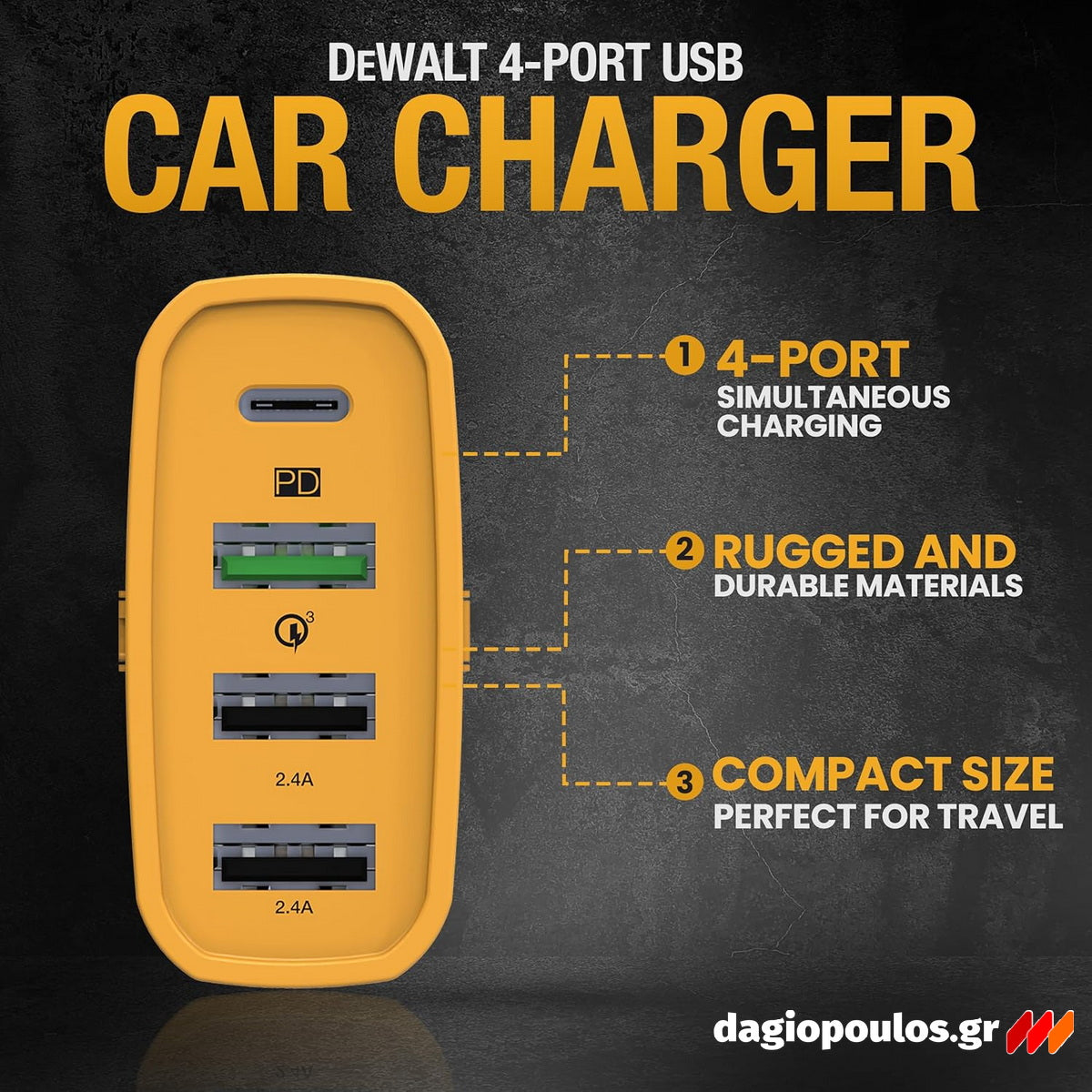 DeWalt 1419009DWG Φορτιστής Αυτοκινήτου USB PD 4 Θυρών 60W