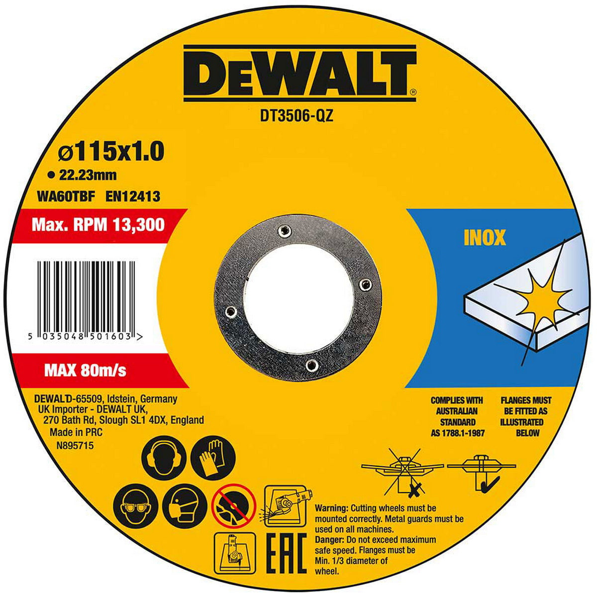 DeWalt DT3506-QZ Δίσκος Κοπής για Ανοξείδωτο Ατσάλι 115mmx1mm