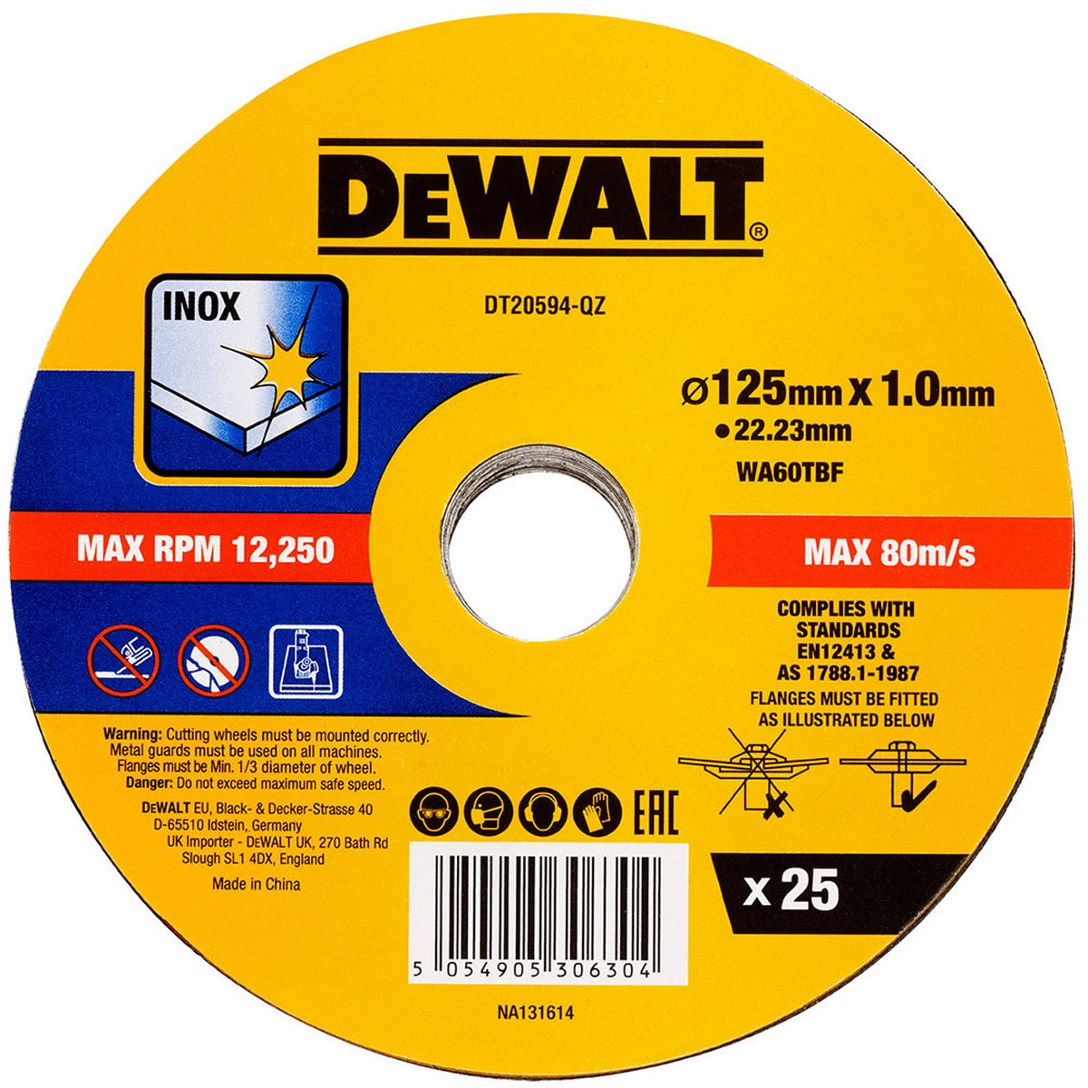DeWalt DT20594-QZ Δίσκος Κοπής Αλουμινίου - Ανοξείδωτου (Inox) Λεπτός 125mm Σετ 25 Τεμ