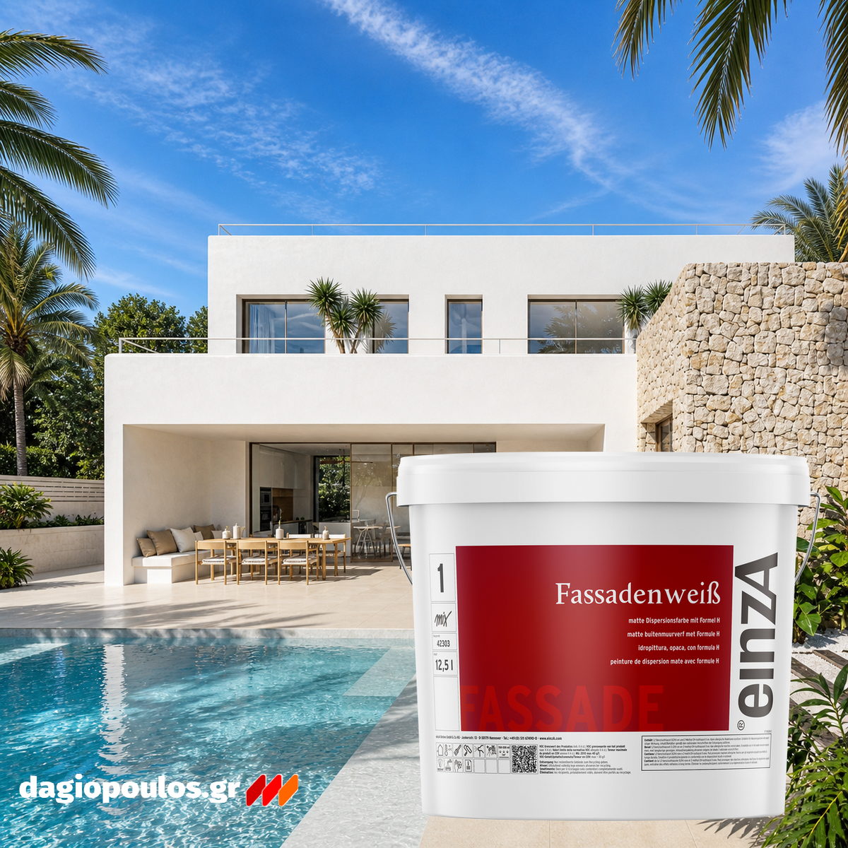 einzA Fassadenweiß 100% Ακρυλικό Χρώμα Προστασίας Εξωτερικής Τοιχοποιίας ΛΕΥΚΟ