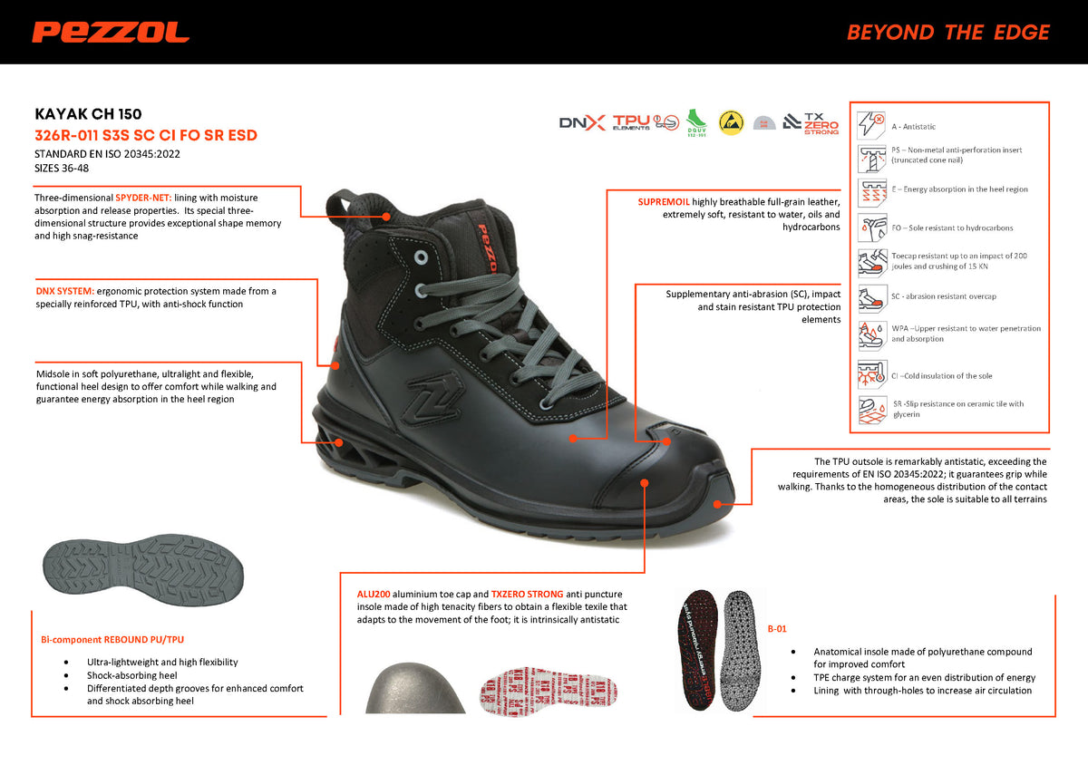 Pezzol Kayak CH 150 S3S SC CI FO SR ESD Παπούτσια Ημιμποτάκια Ασφαλείας Εργαζομένων Με Προστασία Ιταλίας