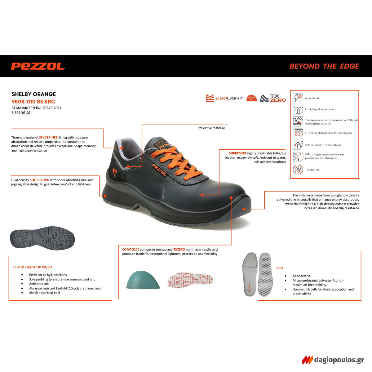 Pezzol Shelby Orange S3 SRC Παπούτσια Ασφαλείας Εργαζομένων Χαμηλά Με ΜΗ Μεταλλική Προστασία Ιταλίας