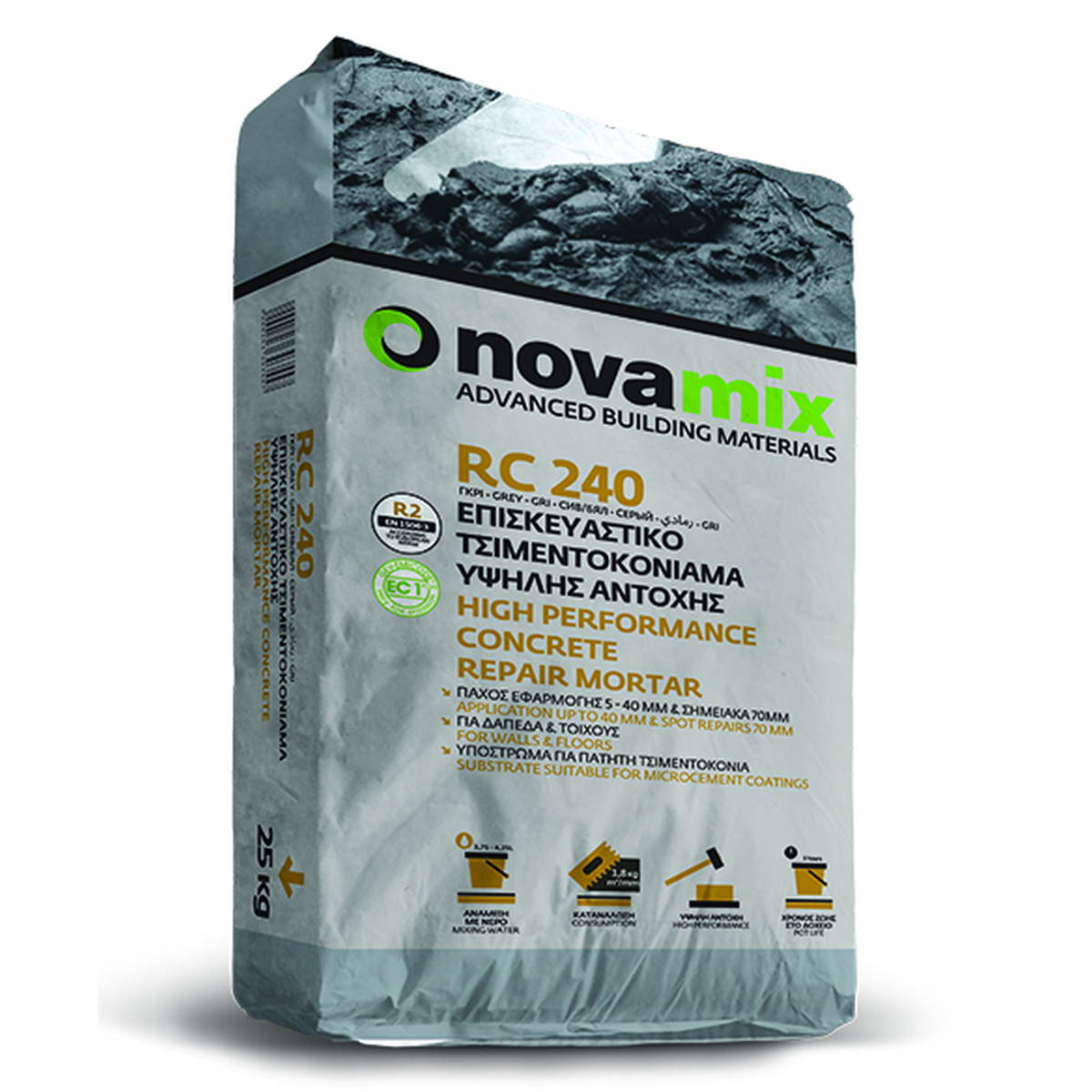 Novamix RC 240 Επισκευαστικό Κονίαμα Εξομάλυνσης Επιφανειών R2 25kgr ΓΚΡΙ