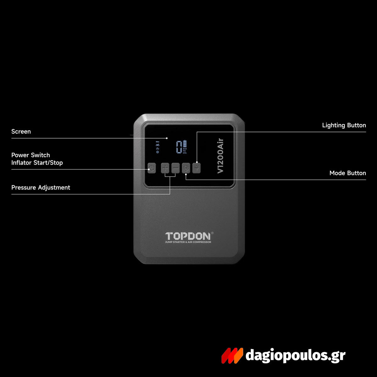 Topdon V1200Air Φορητός Εκκινητής (Starter) - Power Bank Μπαταρίας Αυτοκινήτου 12V 1200Α 10Ah