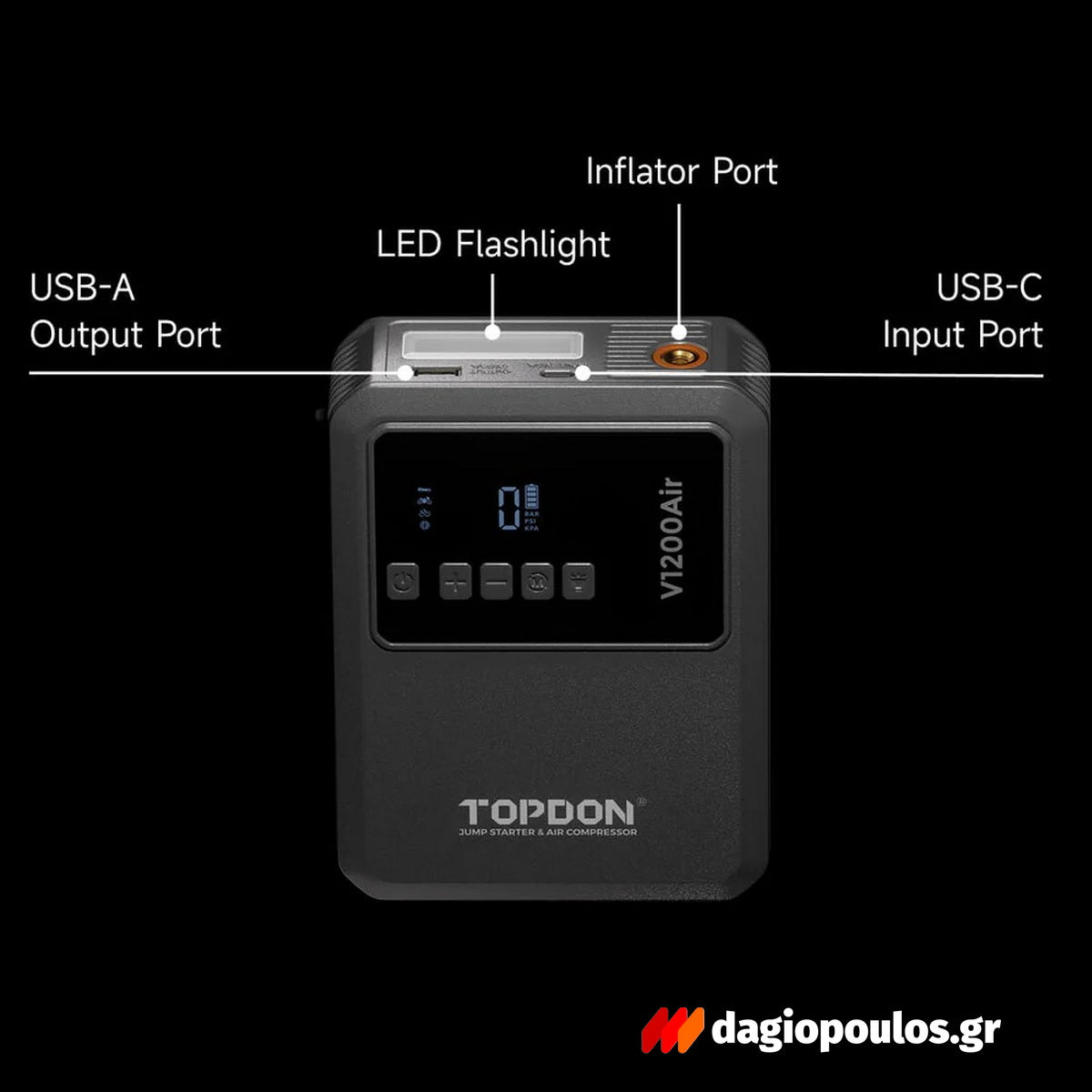 Topdon V1200Air Φορητός Εκκινητής (Starter) - Power Bank Μπαταρίας Αυτοκινήτου 12V 1200Α 10Ah