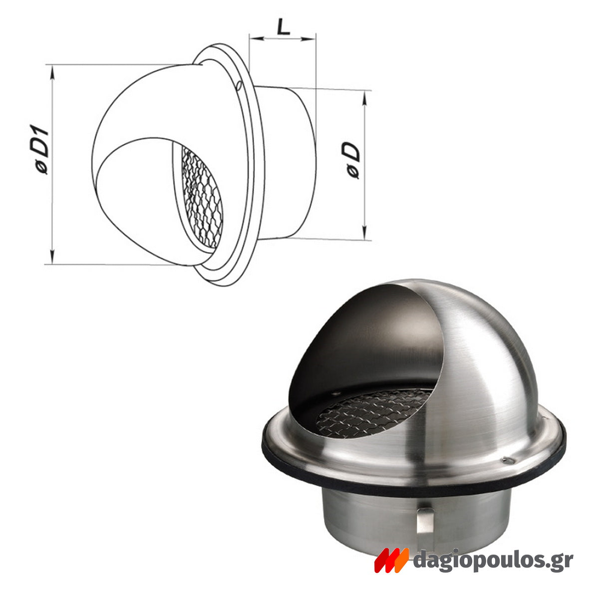 Vents MVM 122 Στόμιο Εξαερισμού Κεκλιμένο Με Προστασία & Σίτα Ανοξείδωτο Φ125mm