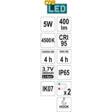 Yato YT-08509 Φακός Χειρός Επιθεώρησης & Εργασίας Επαναφορτιζόμενος LED 5W 400 Lumens