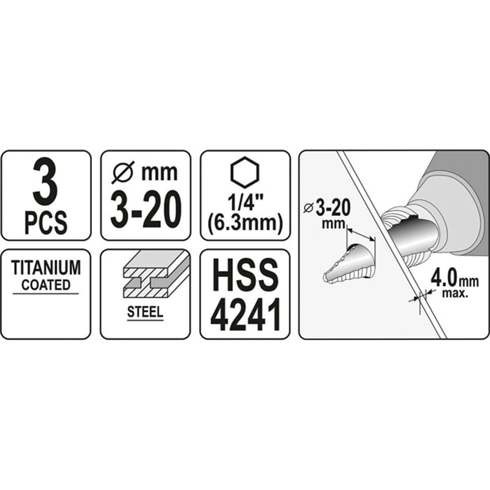Yato YT-44731 Συλλογή Τρυπάνια Κωνικά (Φρέζες) Με Διαβάθμιση Σετ 3 Τεμ