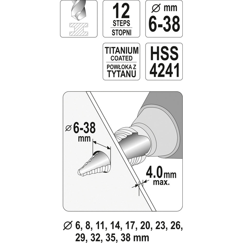 Yato YT-44740 Τρυπάνι Κωνικό (Φρέζα) Με Διαβάθμιση 6.0mm-38.0mm