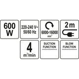 Yato YT-85170 Ηλεκτρικό Φυσερό (Φυσητήρας) Αναρροφητήρας Αέρος Ρυθμιζόμενος 600Watt