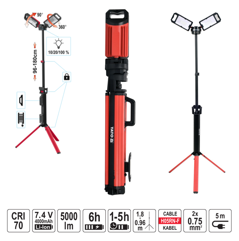 Yato YT-81811 Προβολέας LED Διπλός Επαναφορτιζόμενος Με Τρίποδο 5000 Lumens