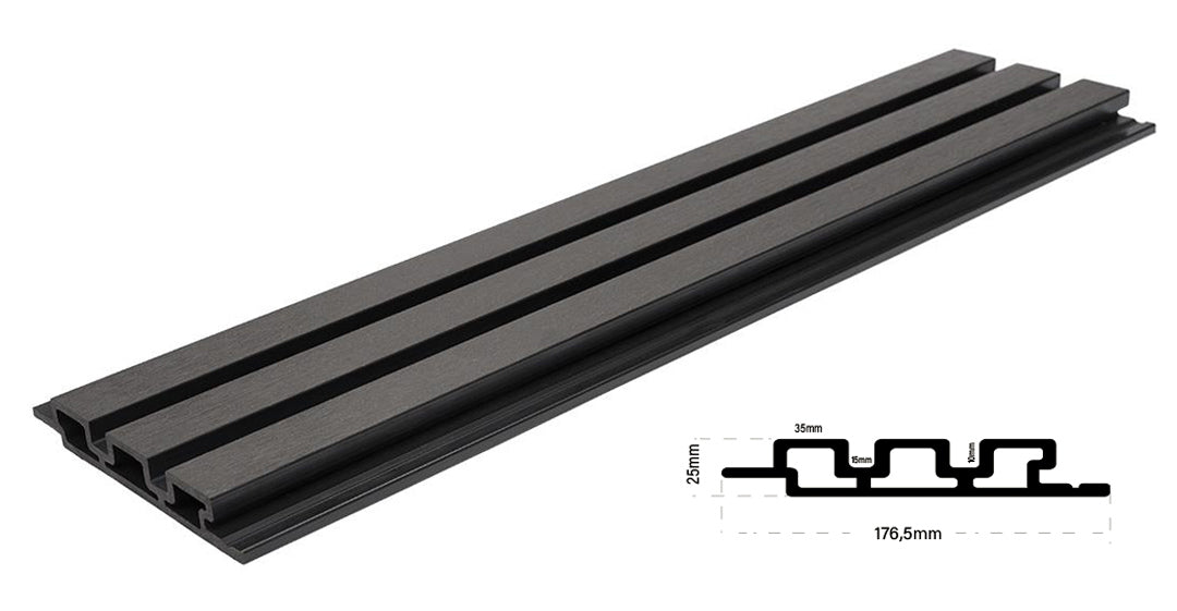 3D WPC Συνθετικό Panel 2ης Γενιάς Με Πηχάκια 8570 Dark Grey 25mm x 176.5mm 2.9mtr