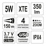 Yato YT-08569 Φακός Χειρός XT-E CREE LED Επαναφορτιζόμενος USB 5W 350 Lumens