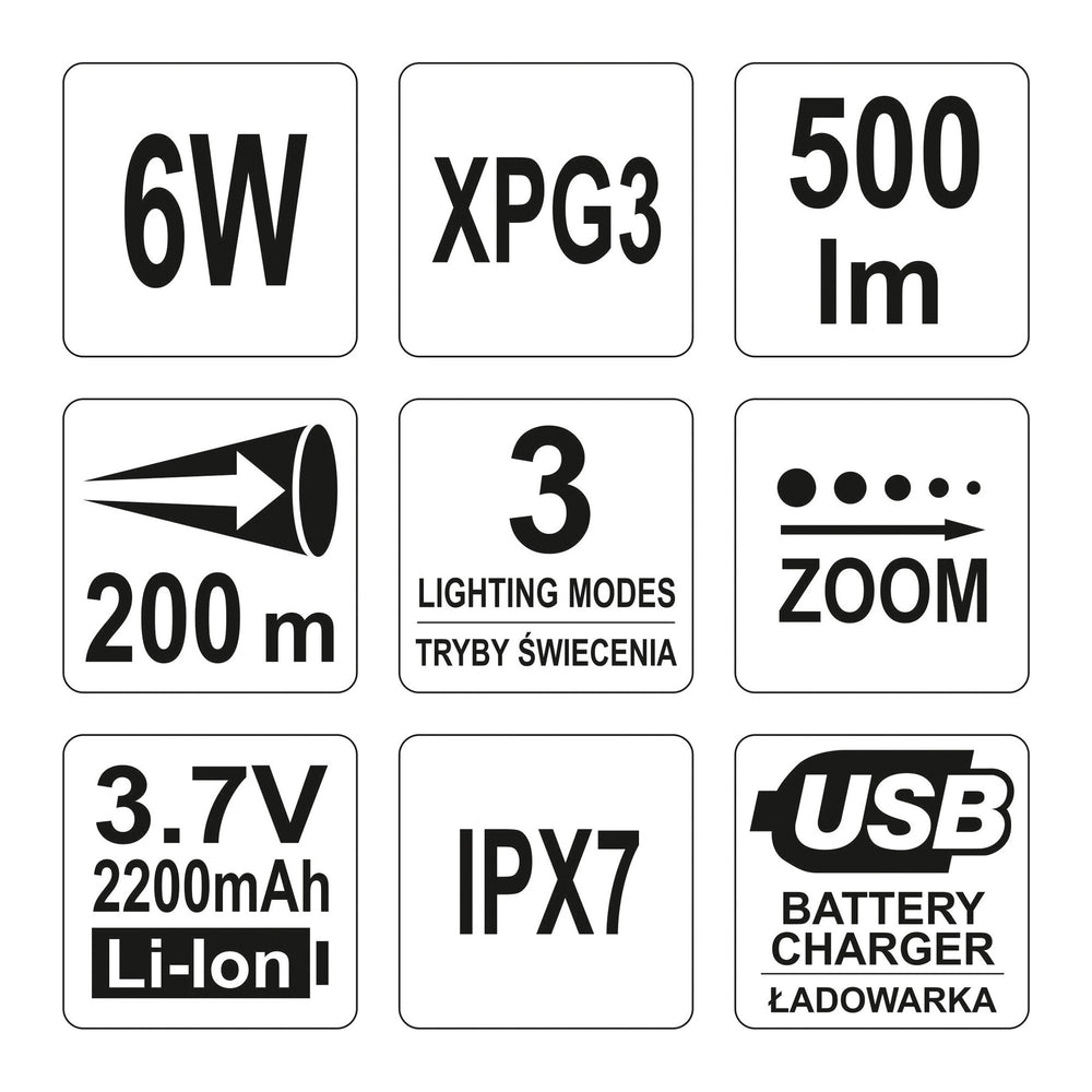 Yato YT-08568 Φακός Χειρός XP-G3 CREE LED Επαναφορτιζόμενος USB 6W 500 Lumens
