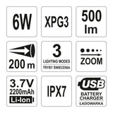 Yato YT-08568 Φακός Χειρός XP-G3 CREE LED Επαναφορτιζόμενος USB 6W 500 Lumens