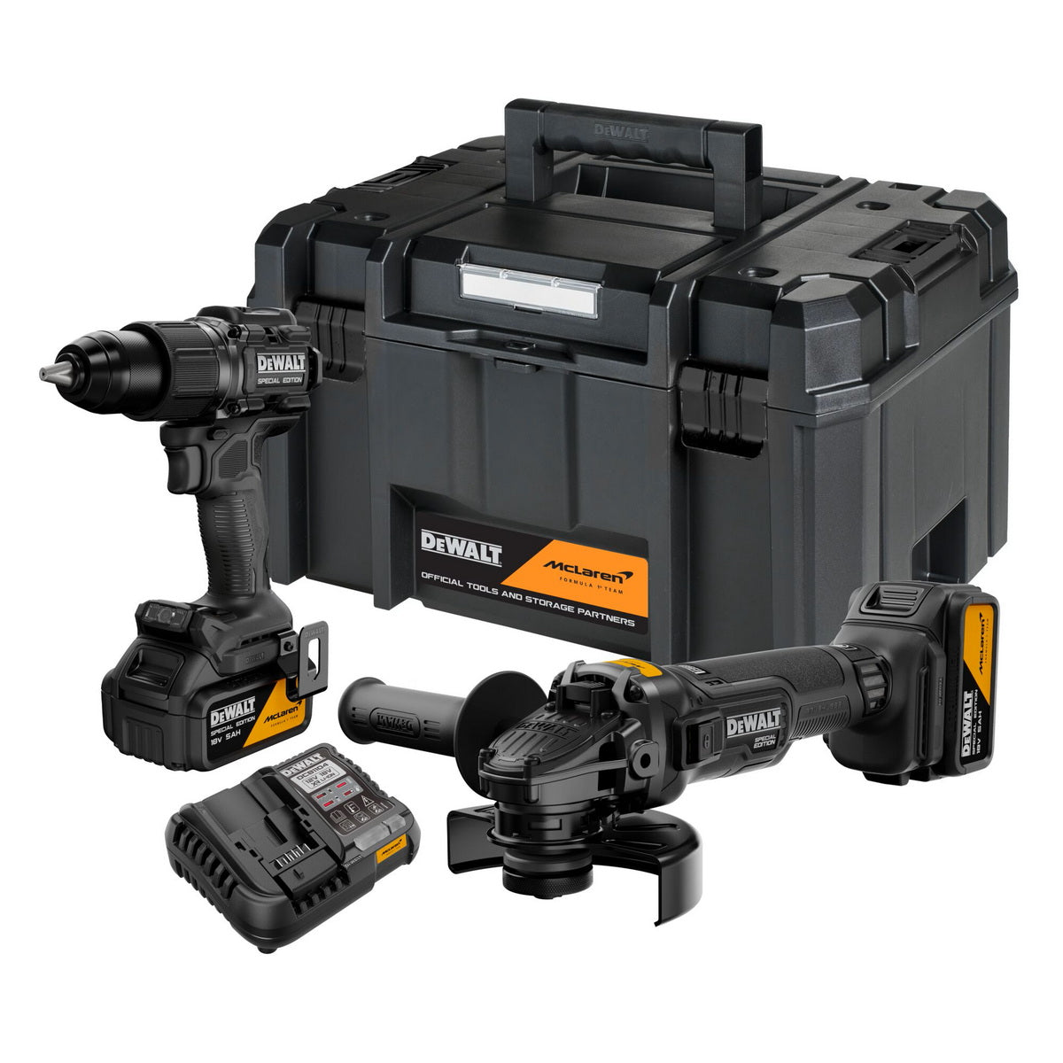 DeWalt McLaren DCK2223MP2T-QW Σετ Κρουστικό Δραπανοκατσάβιδο & Γωνιακός Τροχός 18V XR Με 2 Μπατ.5.0Ah-Βαλίτσα Μπαούλο T-Stak