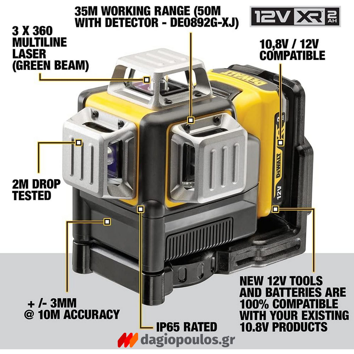 DeWalt DCE089D1G-QW Αλφάδι Laser 12V Πολλαπλών Γραμμών Πράσινο 3x360° Με Μπατ.2.0Ah - Φορτιστή - Βαλίτσα