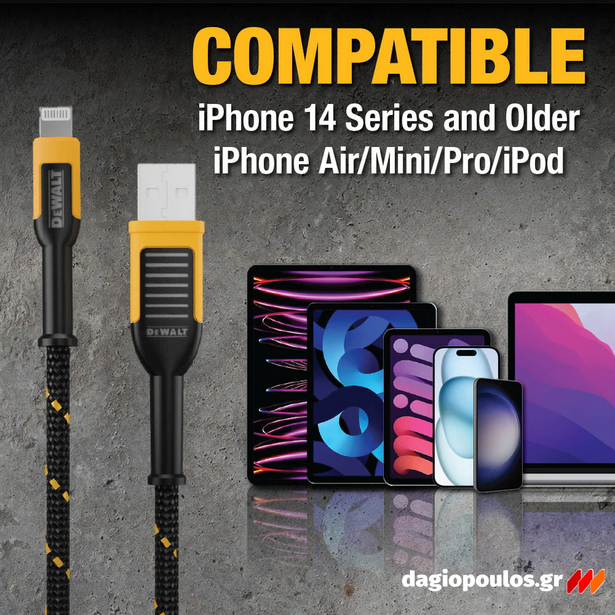 DeWalt 131 1325DWG Ενισχυμένο Καλώδιο USB-A σε Lightning 1.8mtr