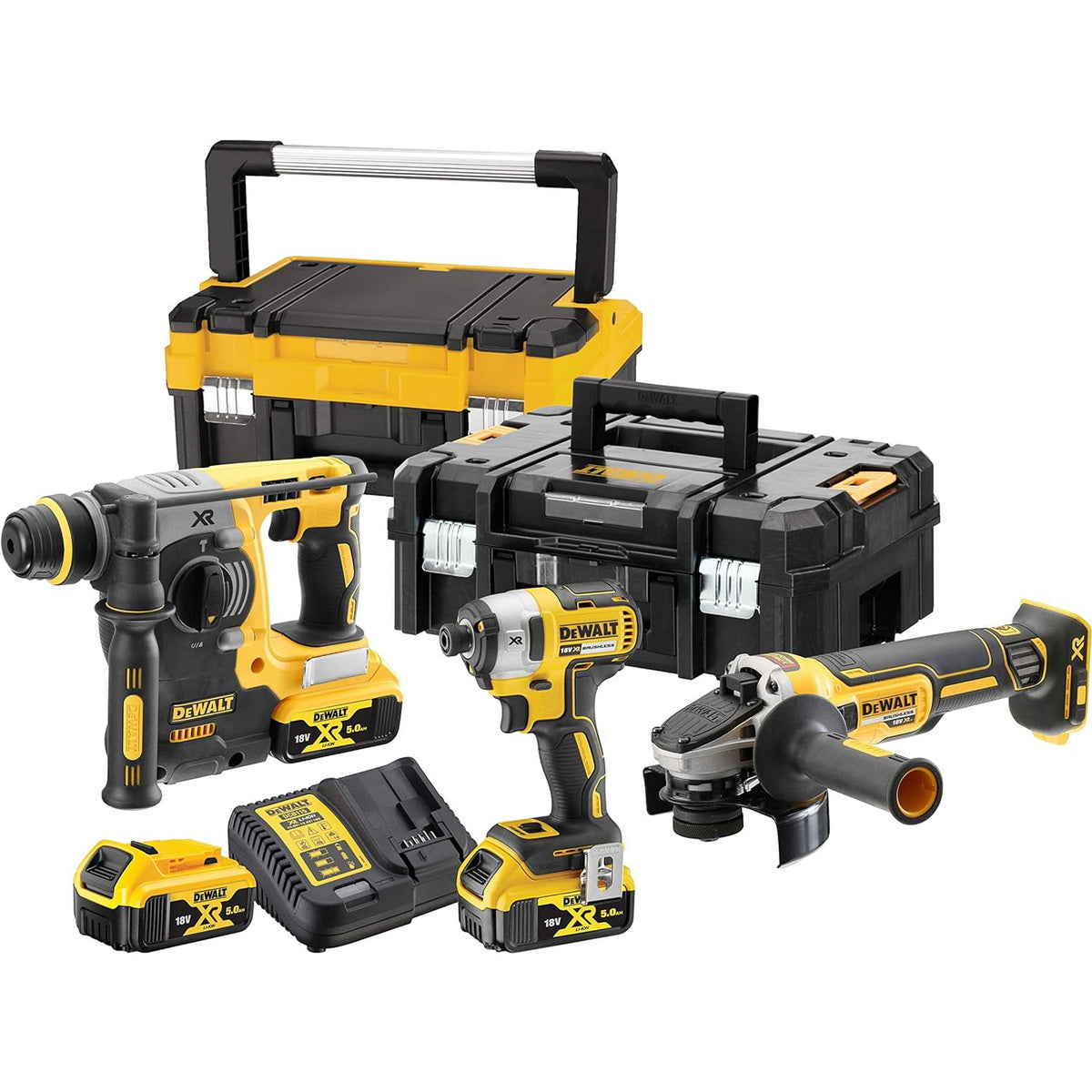 DeWalt DCK305P3T-QW Brushless Συλλογή Πιστολέτο Πνευματικό, Παλμικό Κατσαβίδι, Γωνιακός Τροχός 18V Li-Ion Με 3 Μπατ.5.0Ah XR - Φορτιστή - 2 Βαλίτσες T-Stak