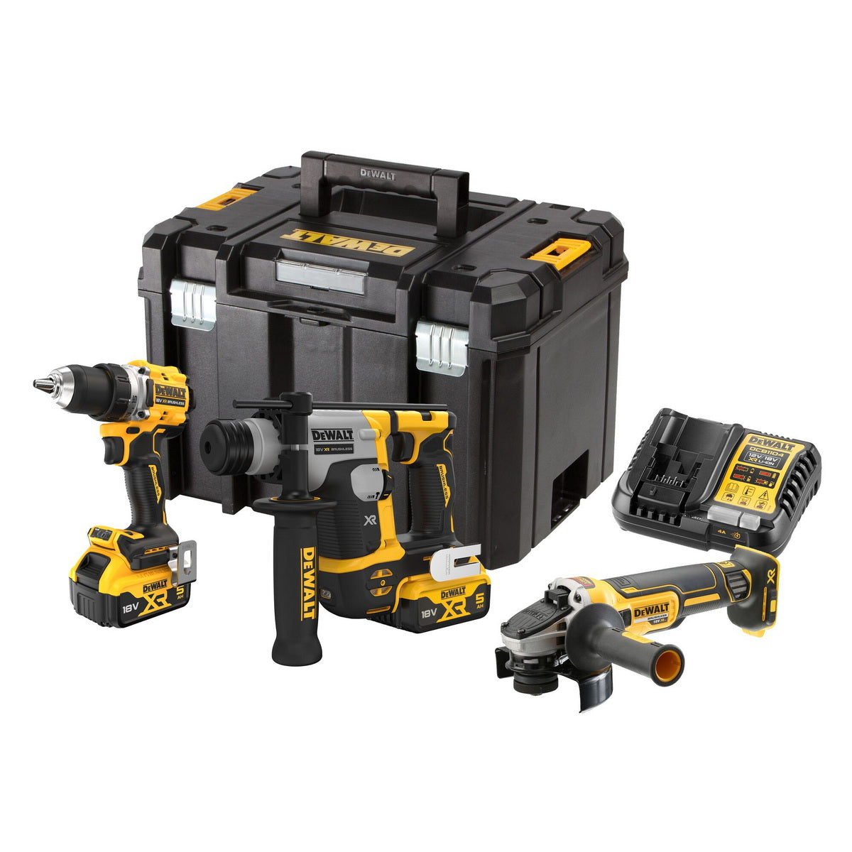 DeWalt DCK355P2T-QW Συλλογή Brushless Κρουστικό Δραπανοκατσάβιδο, Πνευματικό Πιστολέτο, Γωνιακό Τροχό 18V Li-Ion Με 2 Μπατ.5.0Ah XR - Φορτιστή - Βαλίτσα T-Stak