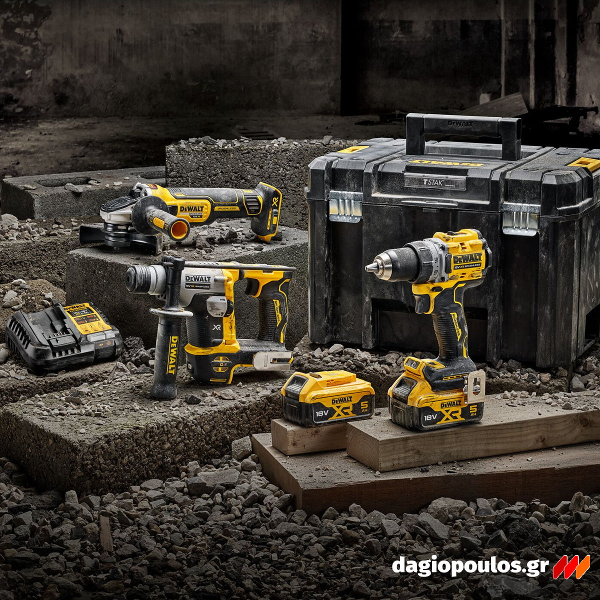 DeWalt DCK355P2T-QW Συλλογή Brushless Κρουστικό Δραπανοκατσάβιδο, Πνευματικό Πιστολέτο, Γωνιακό Τροχό 18V Li-Ion Με 2 Μπατ.5.0Ah XR - Φορτιστή - Βαλίτσα T-Stak
