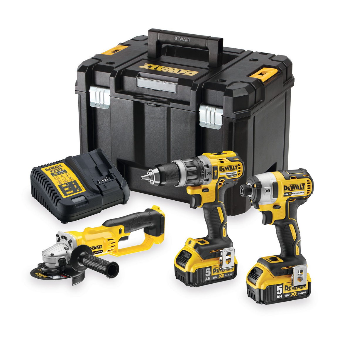 DeWalt DCK383P2T-QW Συλλογή Brushless Κρουστικό Δραπανοκατσάβιδο, Γωνιακός Τροχός & Πνευματικό Πιστολέτο 18V Li-Ion 2 Μπατ.5.0Ah XR- Φορτιστή - Βαλίτσα T-Stak