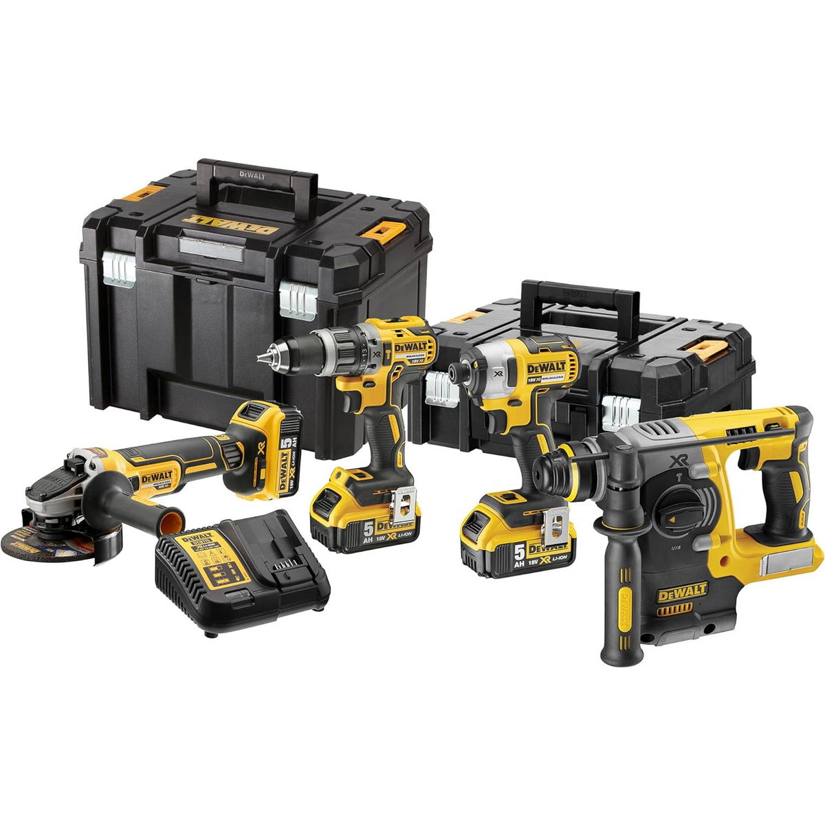 DeWalt DCK422P3T-QW Συλλογή Πνευματικό Πιστολέτο, Παλμικό Κατσαβίδι, Γωνιακός Τροχός, Κρουστικό Δραπανοκατσάβιδο 18V Li-Ion Με 3 Μπατ.5.0Ah XR - Φορτιστή - 2 Βαλίτσες T-Stak