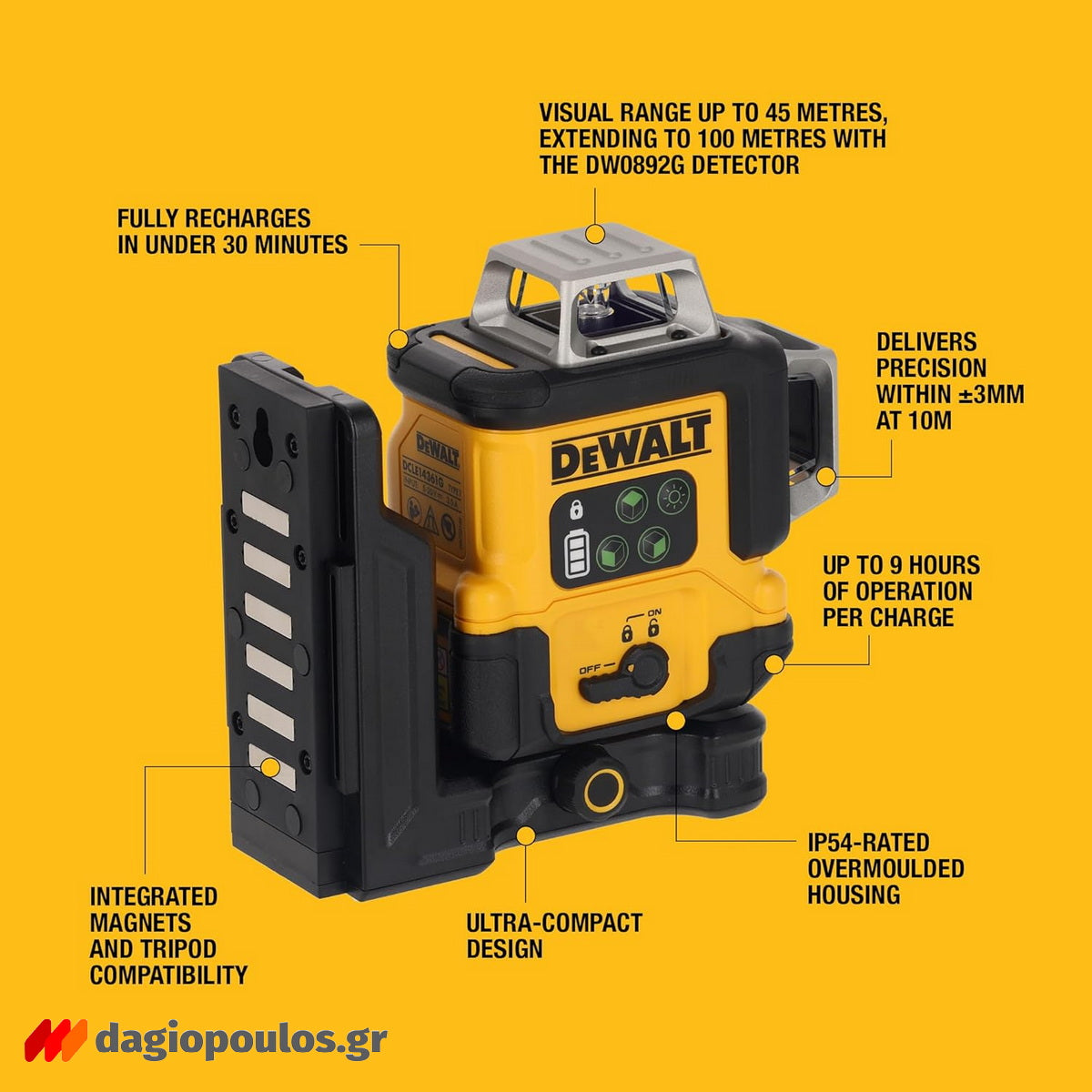 DeWalt DCLE14361GB Αλφάδι Laser 3x360° Πολλαπλών Γραμμών Πράσινης Δέσμης Επαναφορτιζόμενο (USB-C)