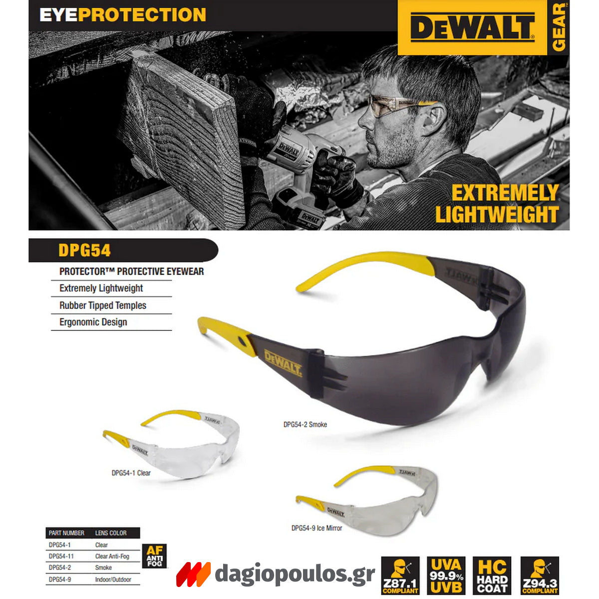 DeWalt DPG54-2D Protector Γυαλιά Προστασίας Εργαζομένων Φιμέ Ανοικτού Τύπου