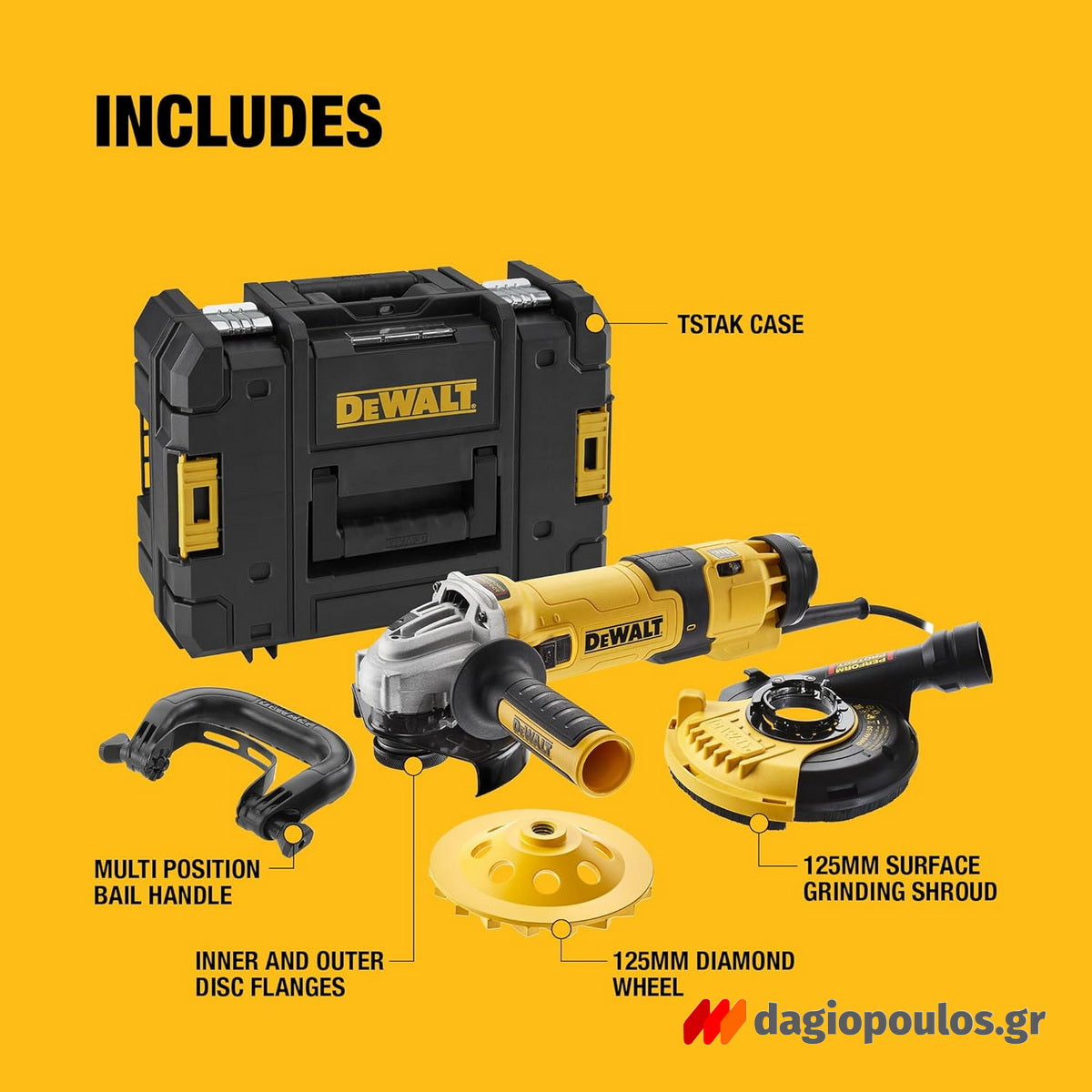 Dewalt DWE4257KT-QS Ηλεκτρικός Γωνιακός Τροχός 1500W 125mm Ρυθμιζόμενος Me Θόλο λείανσης - Βαλίτσα