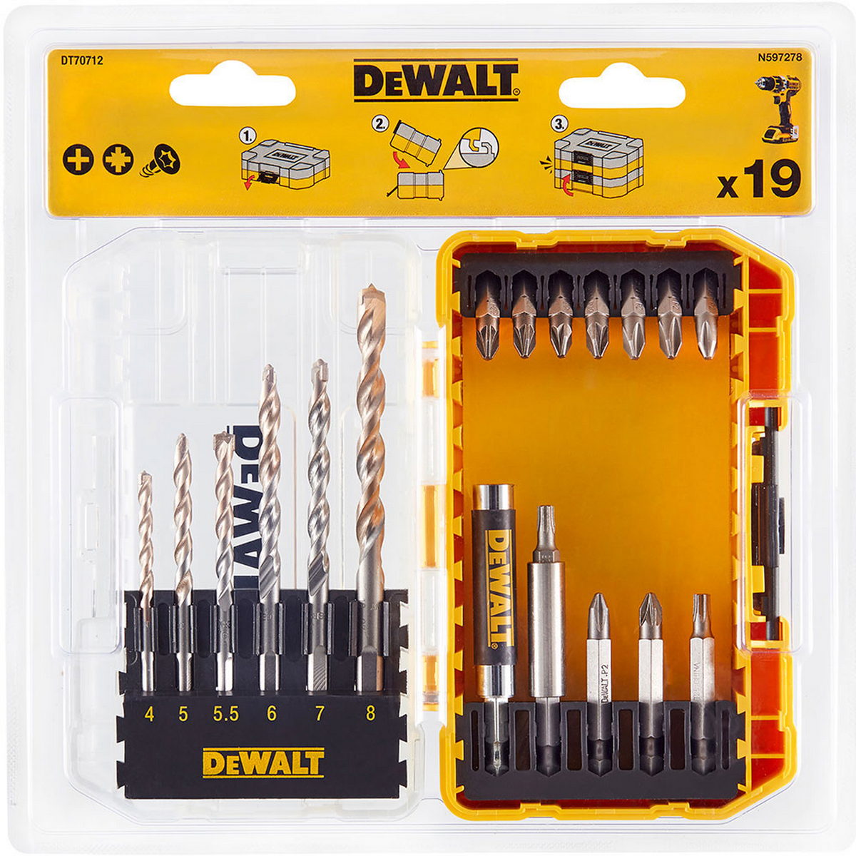 DeWalt DT70712-QZ Extreme Συλλογή Τρυπάνια Μυτες Αντάπτορες Σετ 19 Τεμ