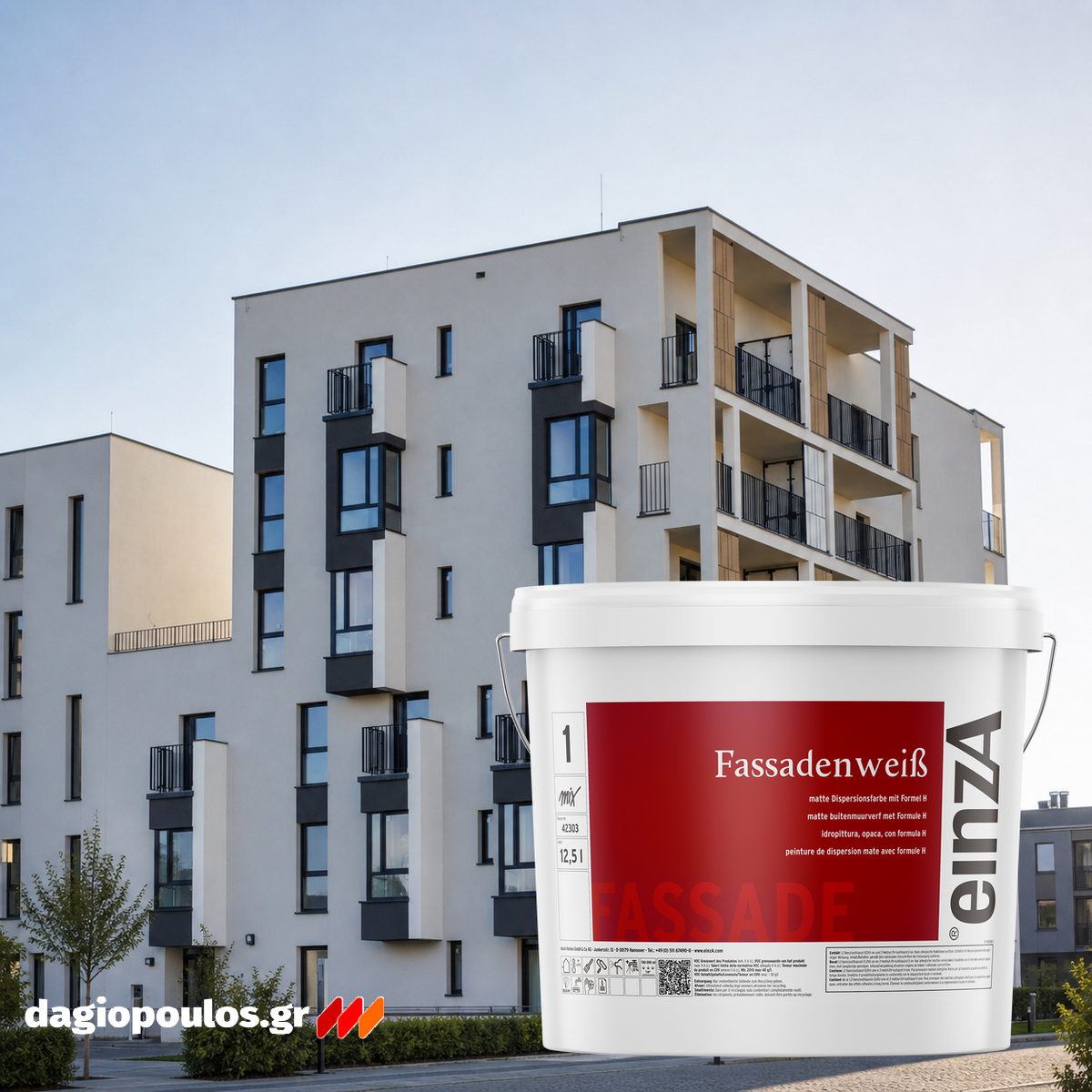 einzA Fassadenweiß 100% Ακρυλικό Χρώμα Προστασίας Εξωτερικής Τοιχοποιίας ΛΕΥΚΟ