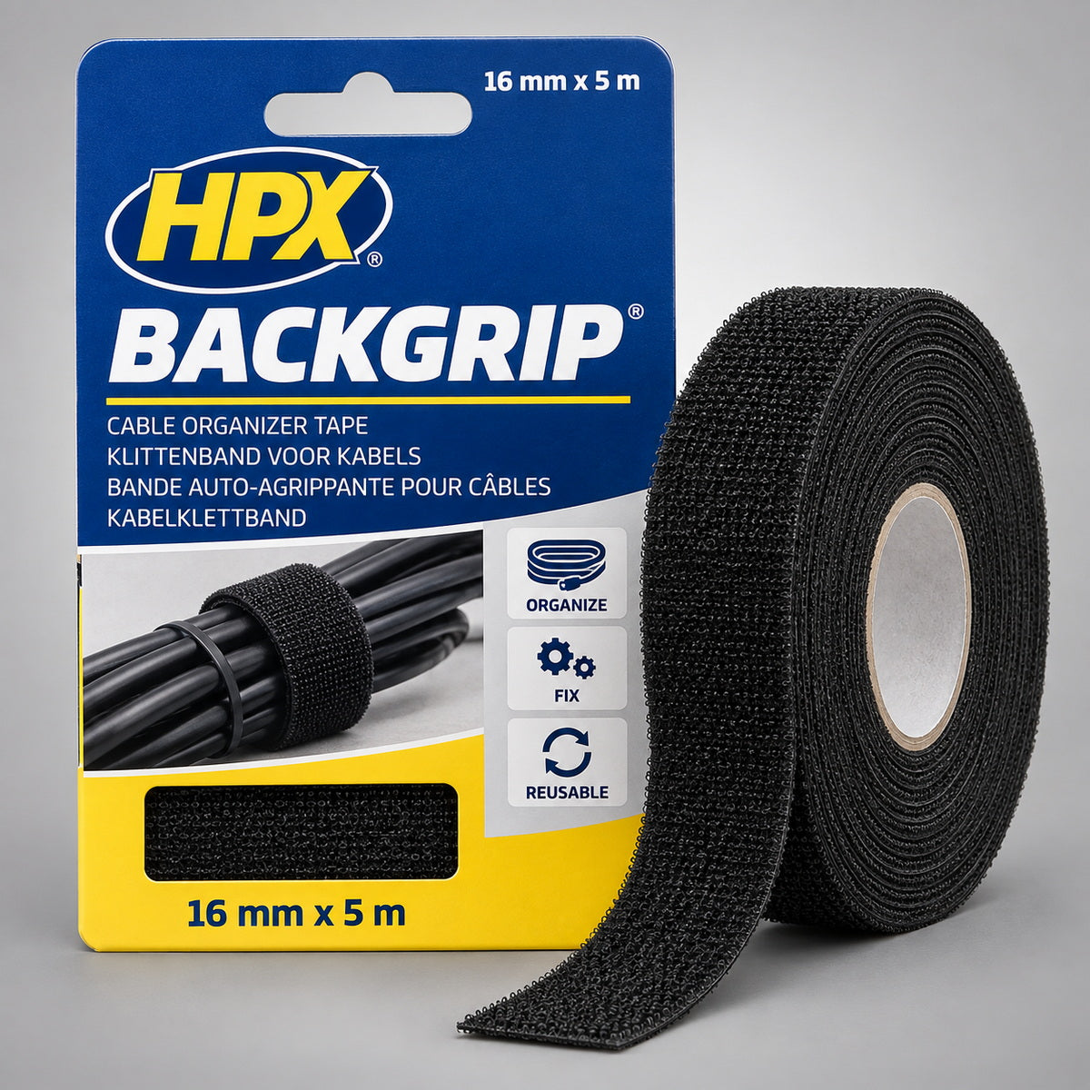 HPX Back Grip Tape Ταινία Τακτοποίησης Καλωδίων τύπου Velcro® 16mm x 5mtr ΜΑΥΡΗ
