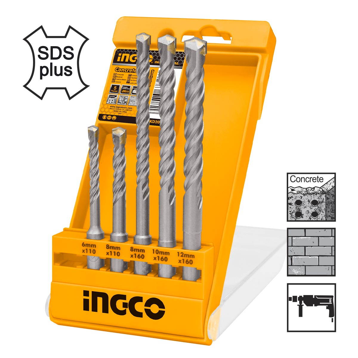 INGCO AKD2052 Τρυπάνια SDS Plus 6-12mm Σετ 5 τεμ.