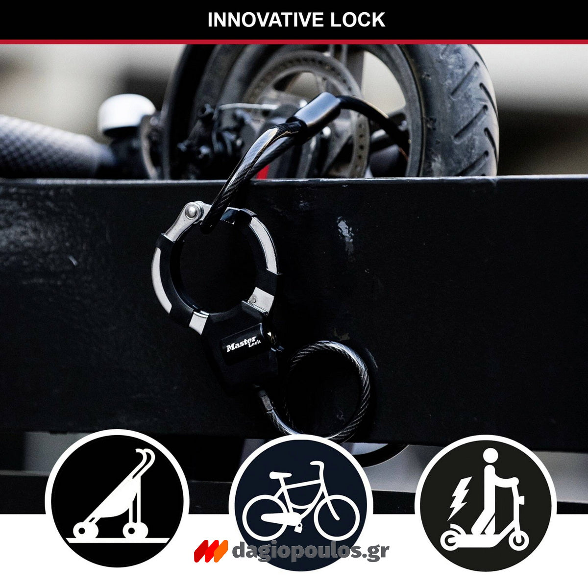 Master Lock 8275EURDPROBLK Κλειδαριά Ποδηλάτου Scooter Πατινιού Συρματόσκοινο Χειροπέδα Με Κλειδί 8mm x 100cm