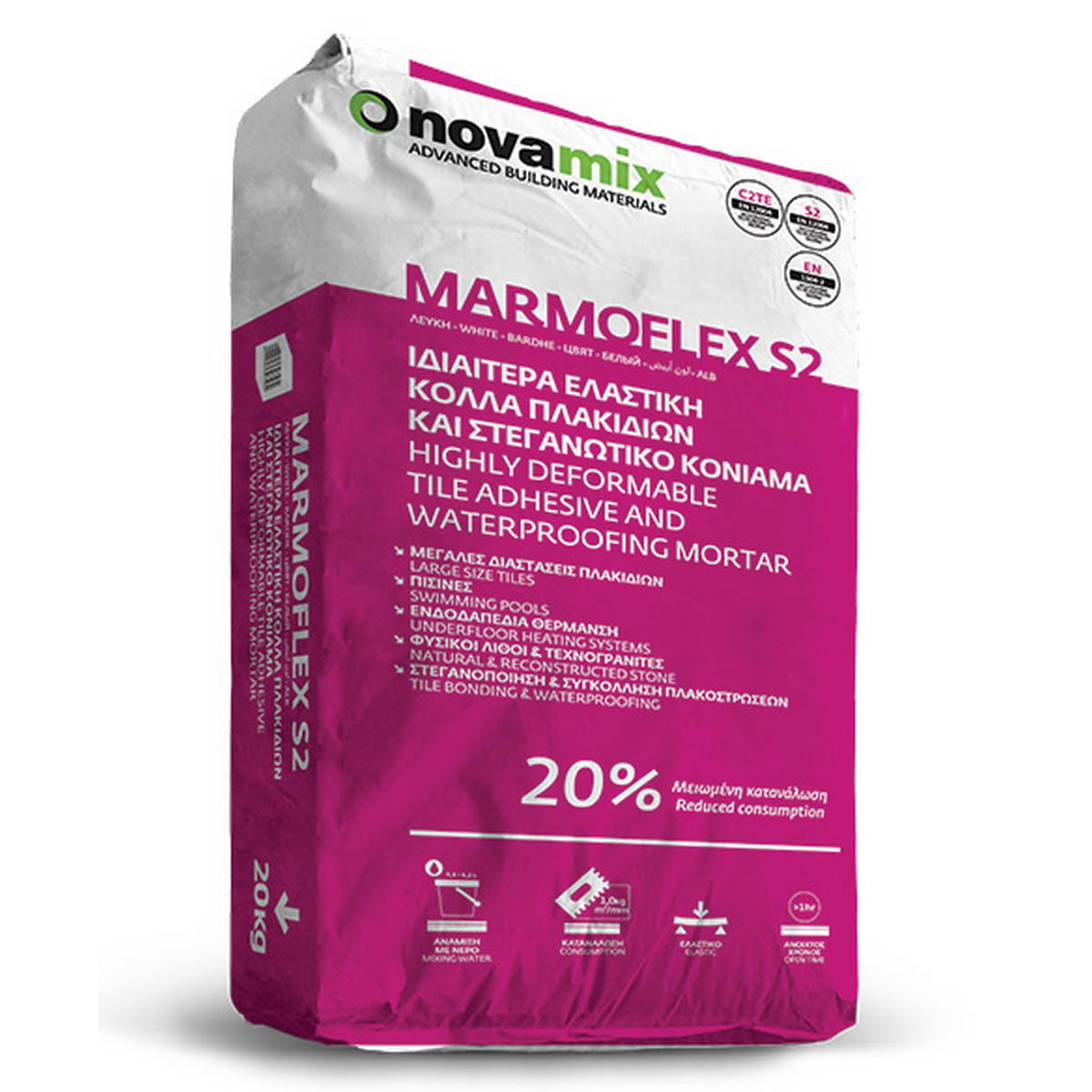 Novamix Marmoflex Ελαστική Κόλλα Πλακιδίων και Στεγανωτικό Κονίαμα Υγρομόνωσης C2TE S2 20Kgr ΛΕΥΚΗ