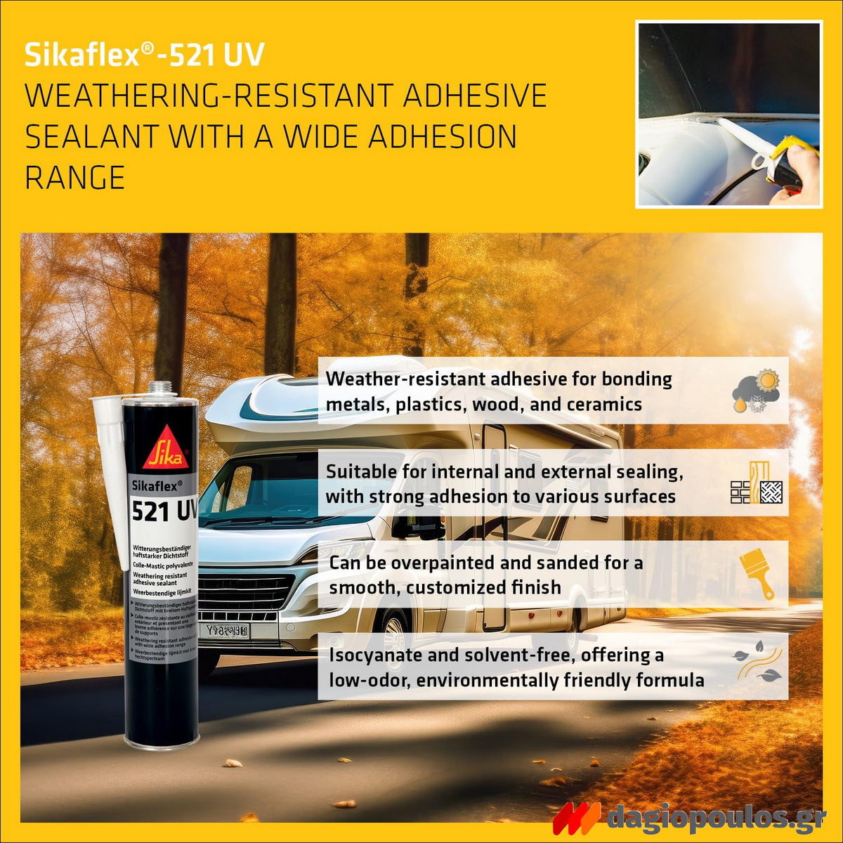 Sika Sikaflex 521 UV Σφραγιστικό Τεχνολογίας STP Υψηλών Αντοχών & Πρόσφυσης ΜΑΥΡΟ