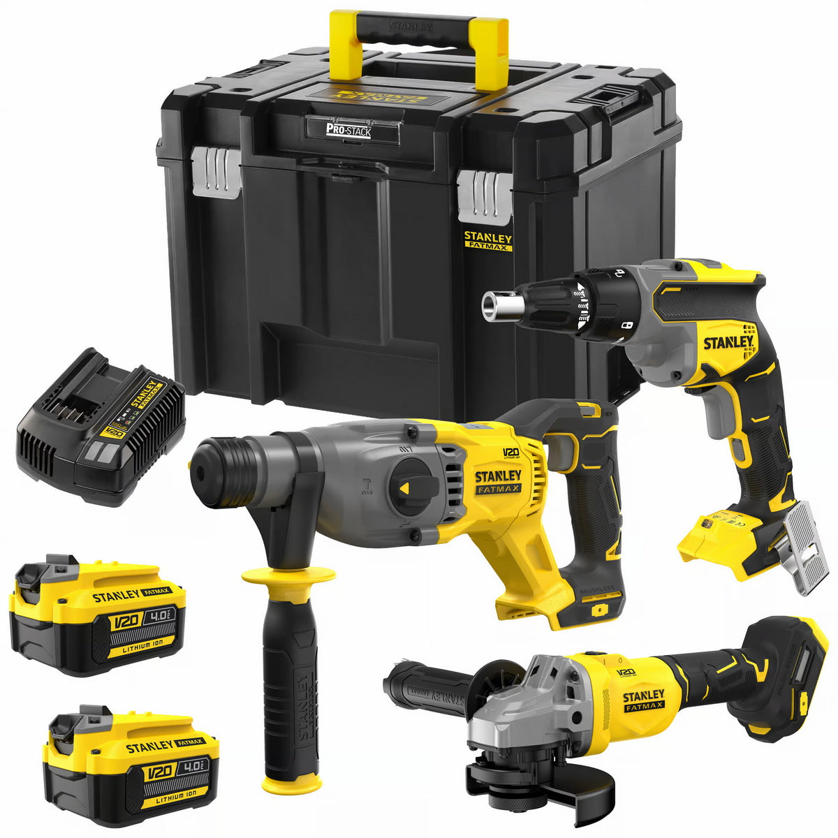 Stanley SFMCK367M2T-QS V20 Συλλογή Brushless Πνευματικό Πιστολέτο, Γωνιακός Τροχός, Κατσαβίδι Γυψοσανίδας 2 Μπατ.4.0Ah, Φορτιστής, Βαλίτσα ProStack