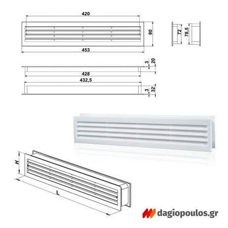 Vents Καπάκι Σχάρα Εξαερισμού Για Πόρτες Πλαστικό 453mm x 91mm ΛΕΥΚΟ Σετ 2 Τεμ
