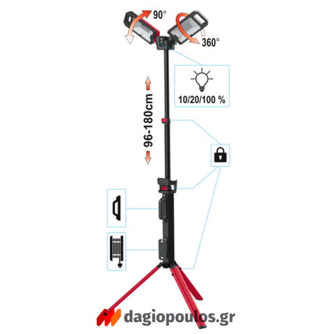 Yato YT-81811 Προβολέας LED Διπλός Επαναφορτιζόμενος Με Τρίποδο 5000 Lumens